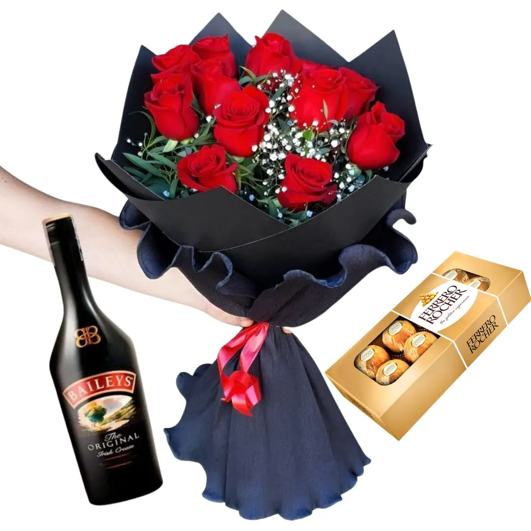 Ramo de 12 rosas importadas con chocolates y baileys 